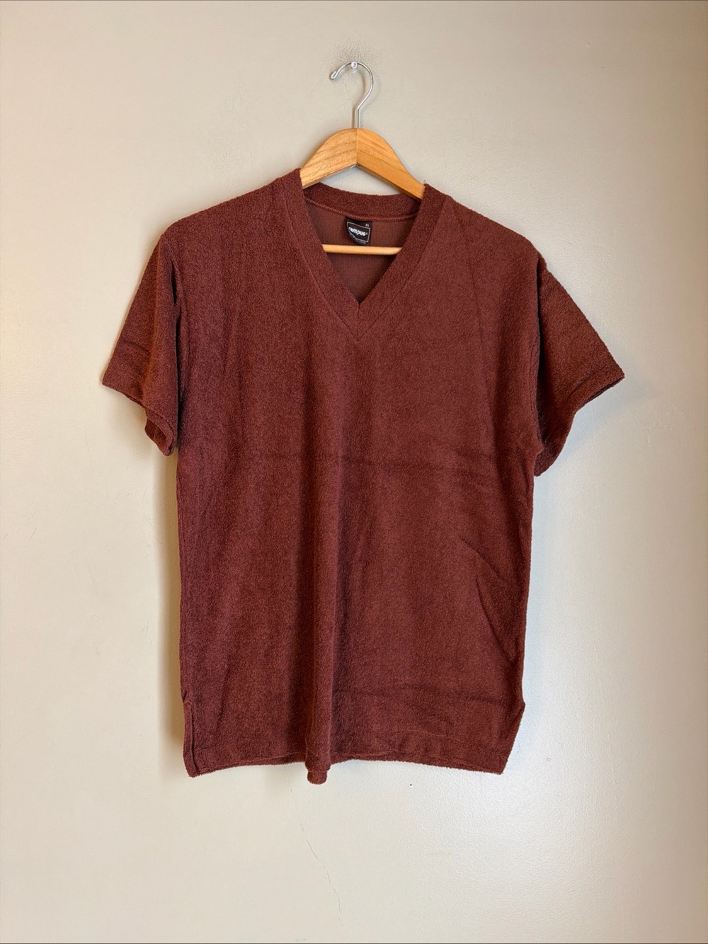 VTG 70s Campus Brown Terry Towel Cloth V Neck Short Sleeve Sweater Mens XL USA